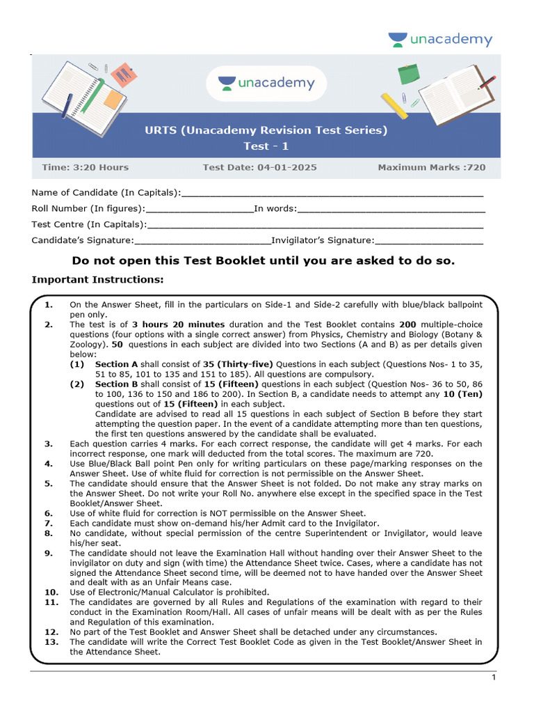 URTS Test Series Instructions and Syllabus | PDF | Chlorine | Acceleration