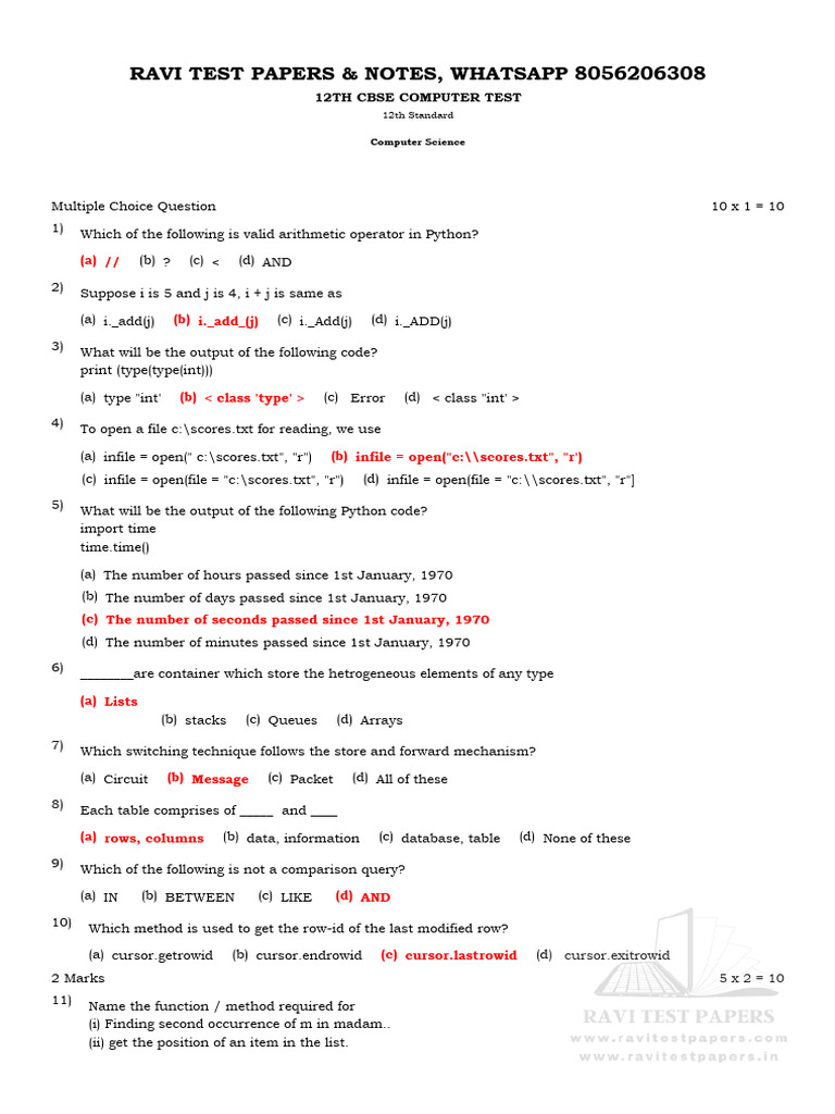 12TH CBSE COMPUTER TEST QA | PDF | Computer Programming | Software ...