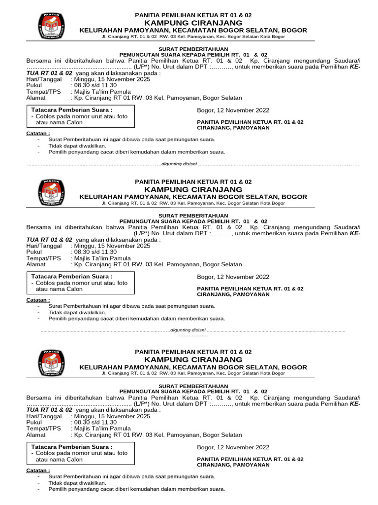 Pemberitahuan Pemungutan Suara RT 01 & 02 | PDF