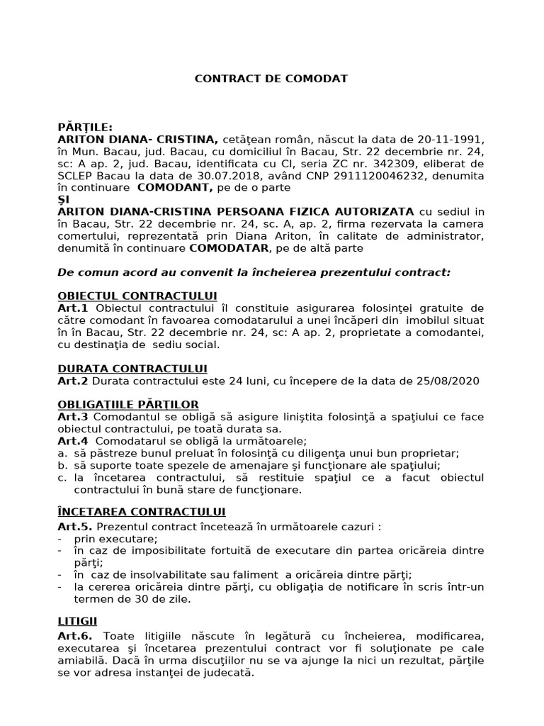 Model Contract de Comodat | PDF