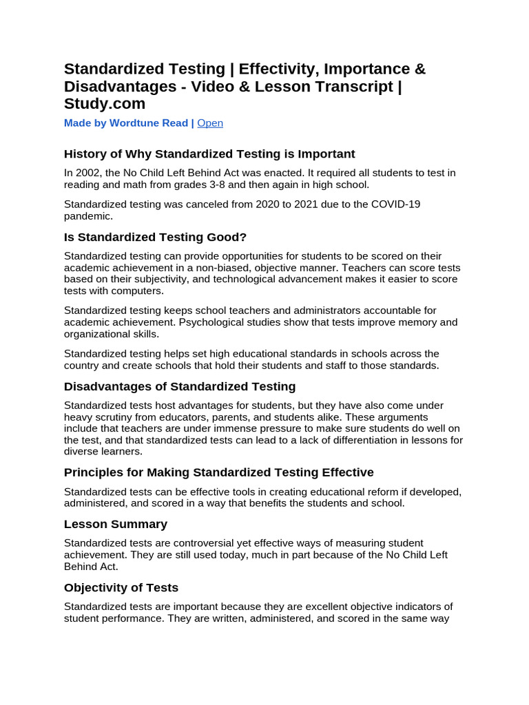Standardized Testing Effectivity Importance D Wt Summaries Pdf