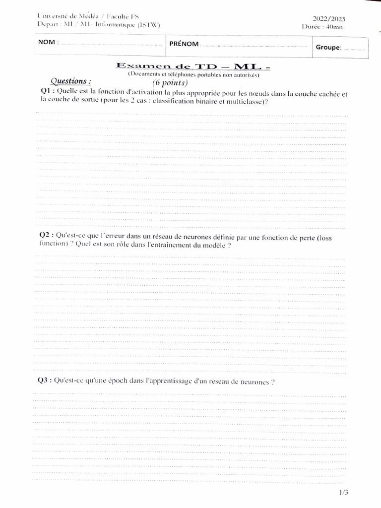 Examen TD 2023 en Machine Learning | PDF | Apprentissage | Algorithmes