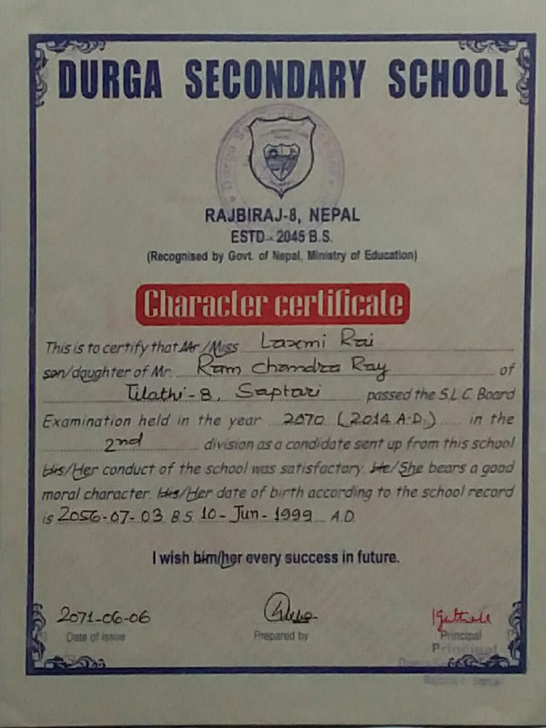Character Certificate from Durga School | PDF