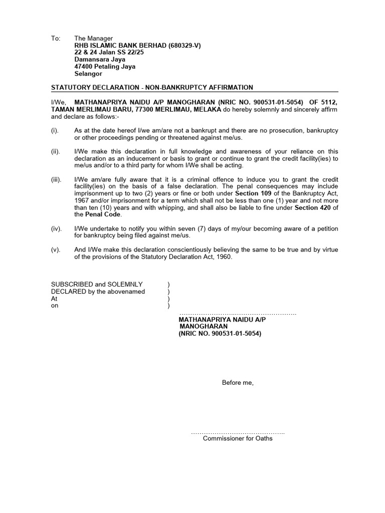 Non-Bankruptcy Declaration for Credit | PDF