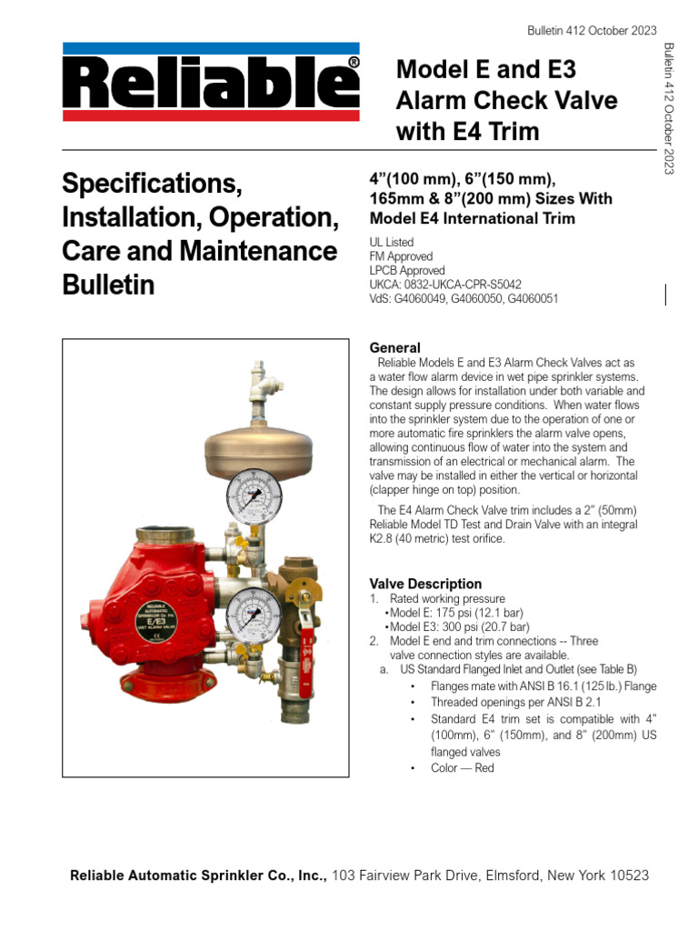 E and E3 Alarm Check Valve Specs | PDF | Valve | Fire Sprinkler System
