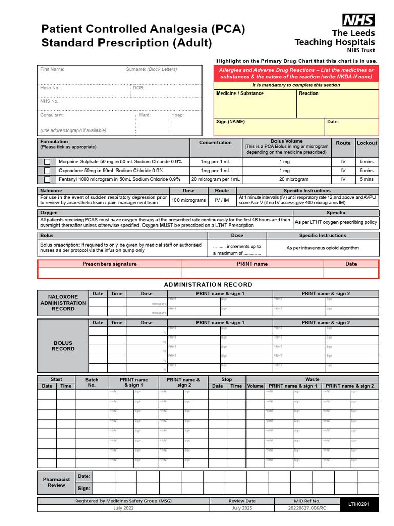 PCA Assessment and Medication Chart | PDF | Analgesic | Prescription Drugs