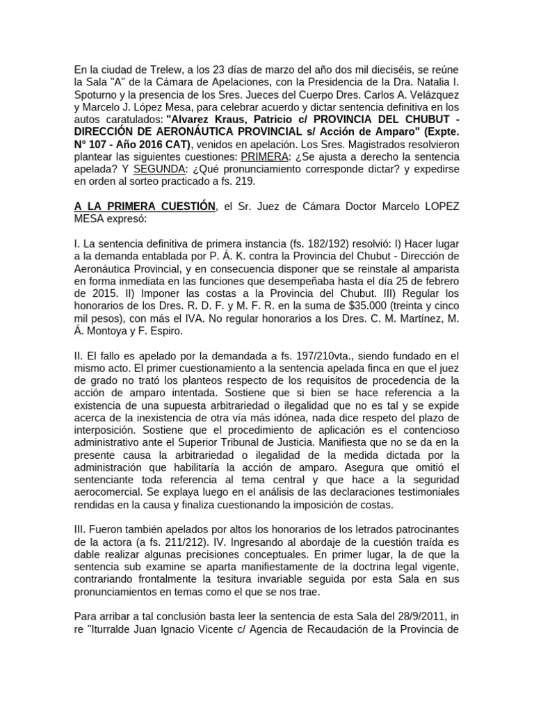 Sentencia sobre Acción de Amparo en Chubut | PDF | Ley procesal | Caso ...
