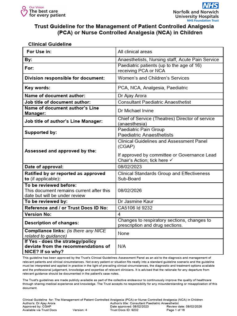 PCA/NCA Management in Paediatrics | PDF | Analgesic | Medicine