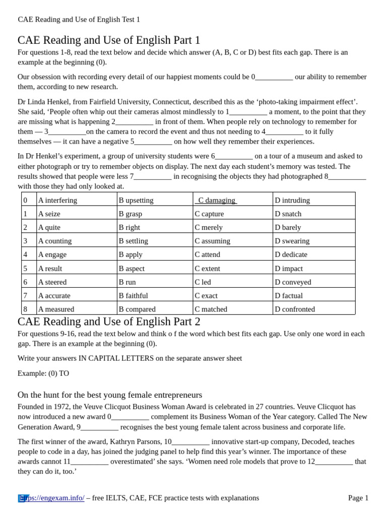 CAE Reading and Use of English Test 1 | PDF | Linguistics