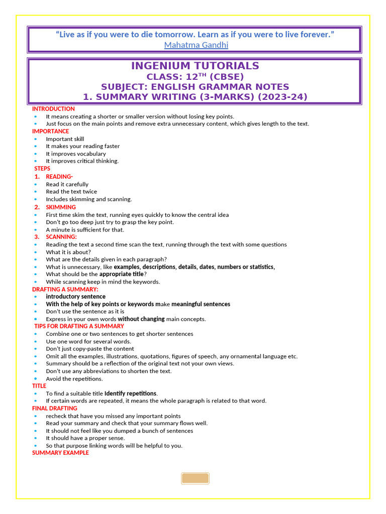 Summary Writing Guide for CBSE 12th English | PDF | Communication