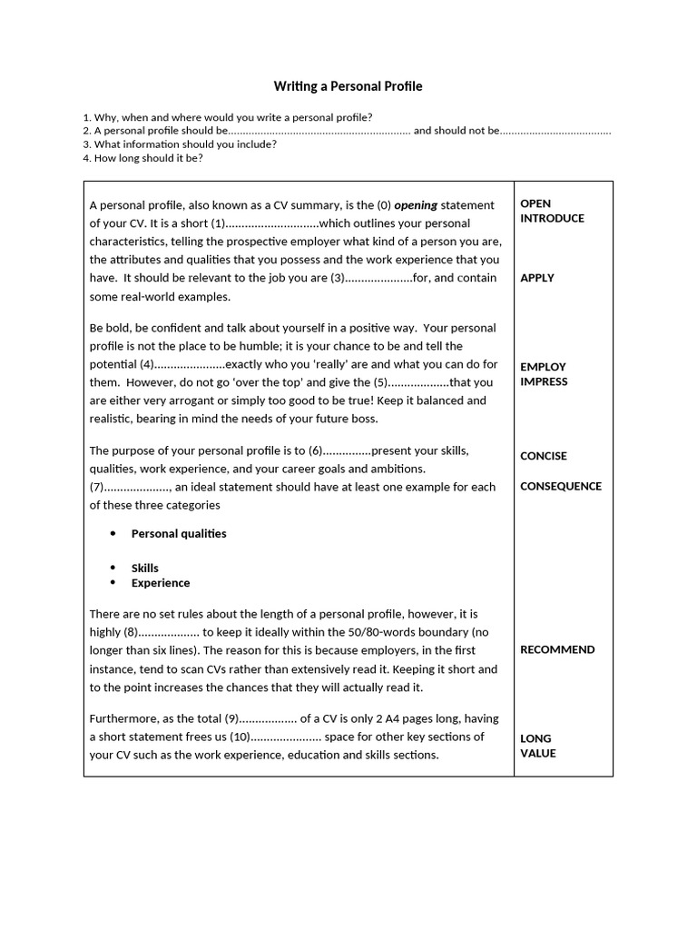 WORDBUILDINGWriting A Personal Profile | PDF | Résumé