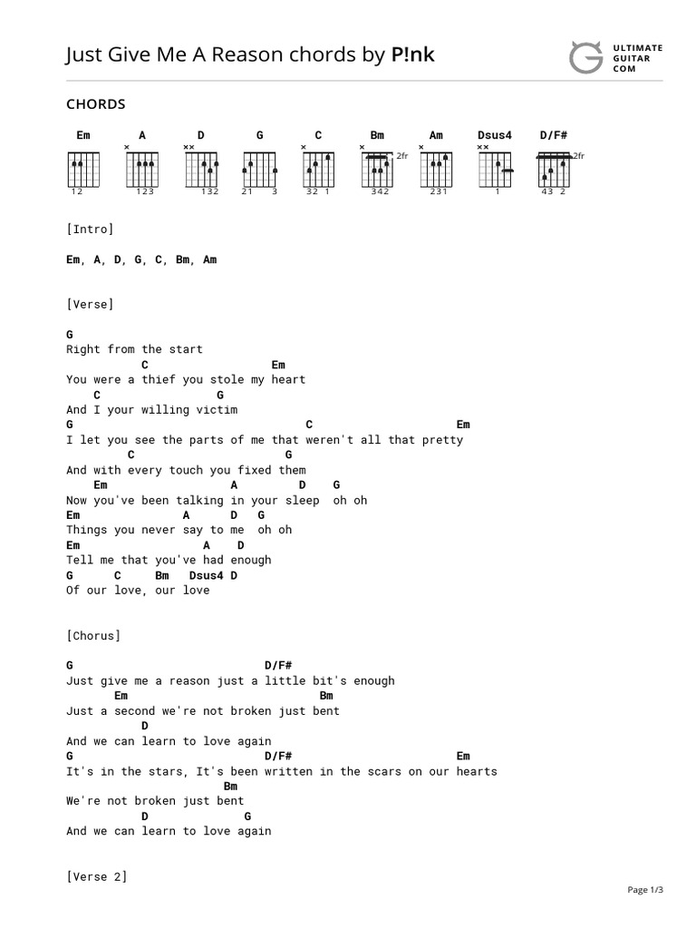 Guitar Chords for P!nk's Song | PDF | Song Structure | Sound Recording