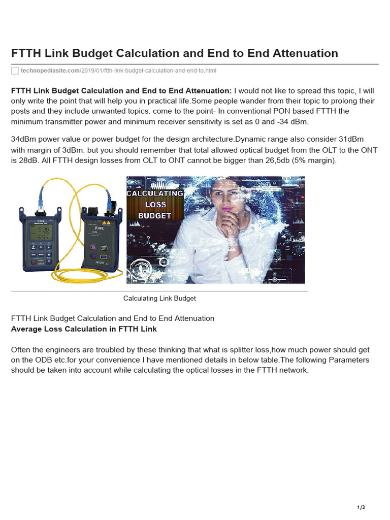 FTTH Link Budget Calculation and End To End Attenuation | PDF | Decibel ...