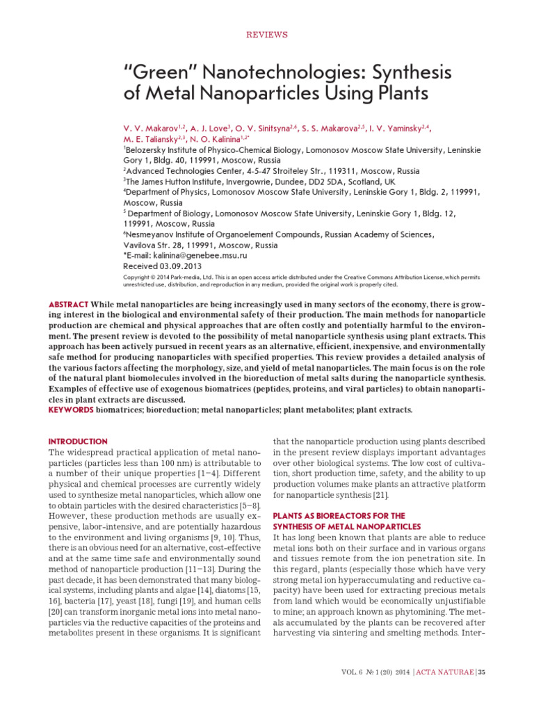 Green Nanotechnologies Synthesis of Metal Nanoparticles Using Plants ...