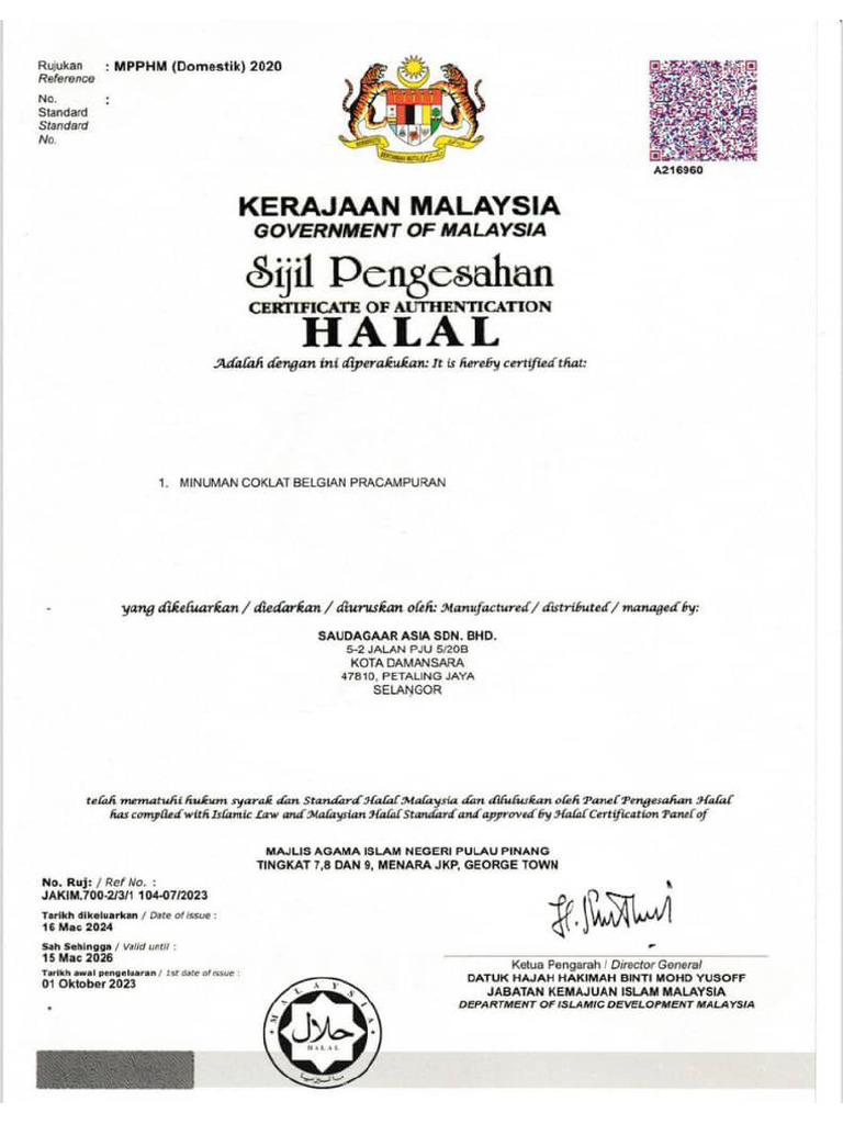 SIJIL HALAL BELGIAN CHOCOLATE DRINK CHOCO ALBAB | PDF