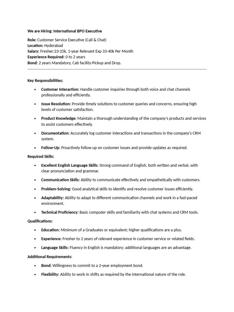 International BPO Executive Job Opening | PDF | Customer Relationship ...