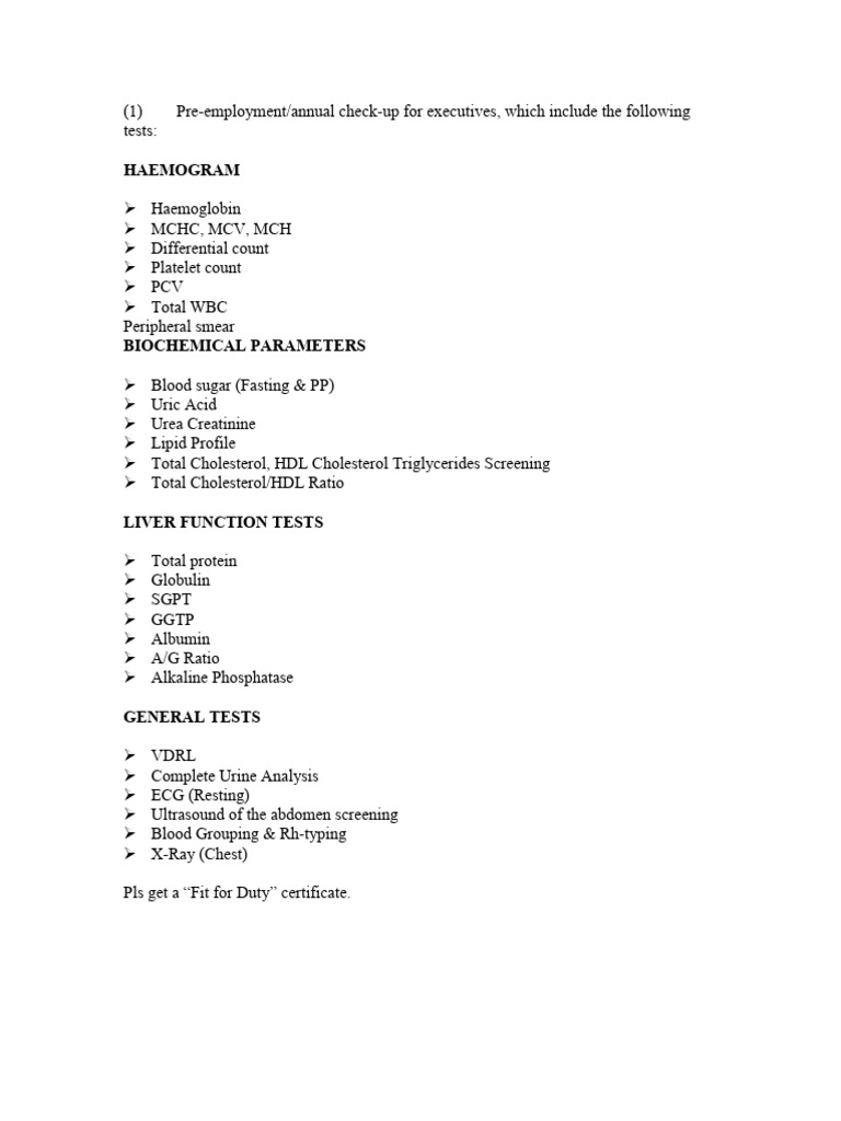 Executive Health Check-Up Tests | PDF