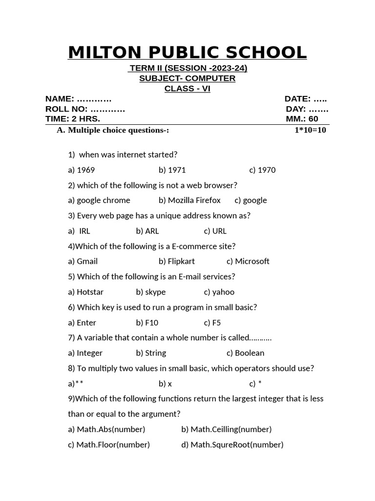 Term-Ii Paper For Class 6th | PDF | World Wide Web | Internet & Web