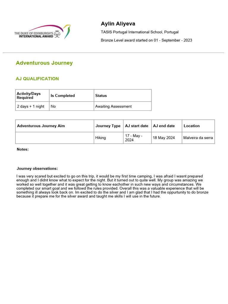 Aylin Aliyeva's Adventurous Journey Report | PDF