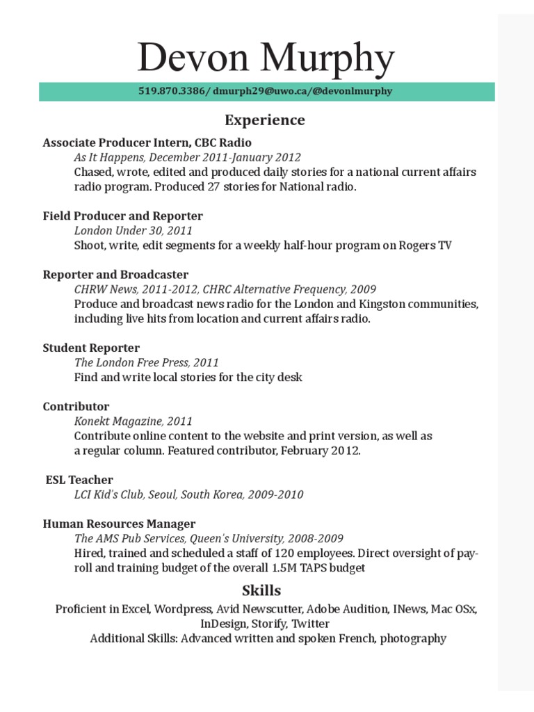 CV Devon Murphy | PDF | Travel | Foreign Language Studies