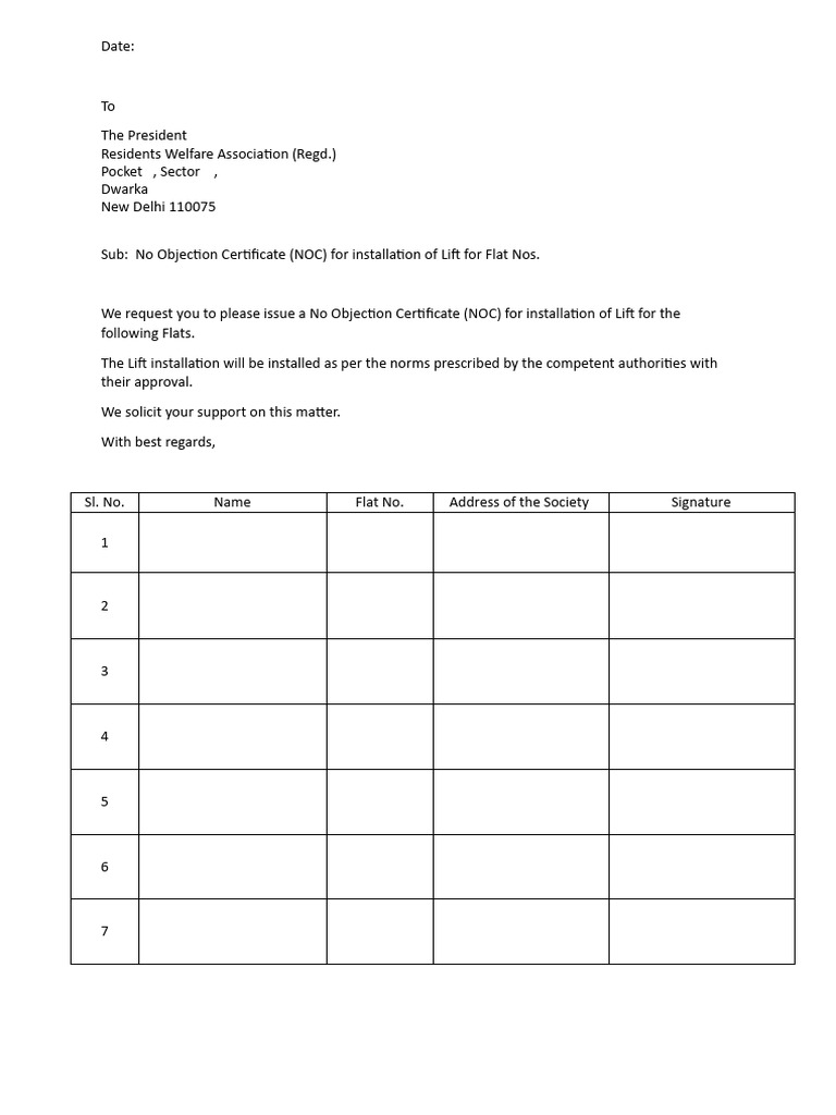 Request For NOC For Instalation of Lift - From - RWA - New Delhi | PDF