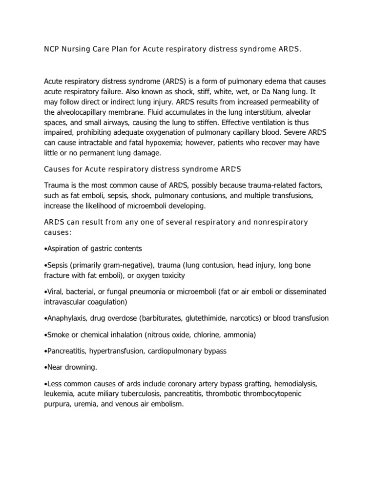 Ncp Nursing Care Plan For Acute Respiratory Distress Syndrome Ards Respiratory System Heart