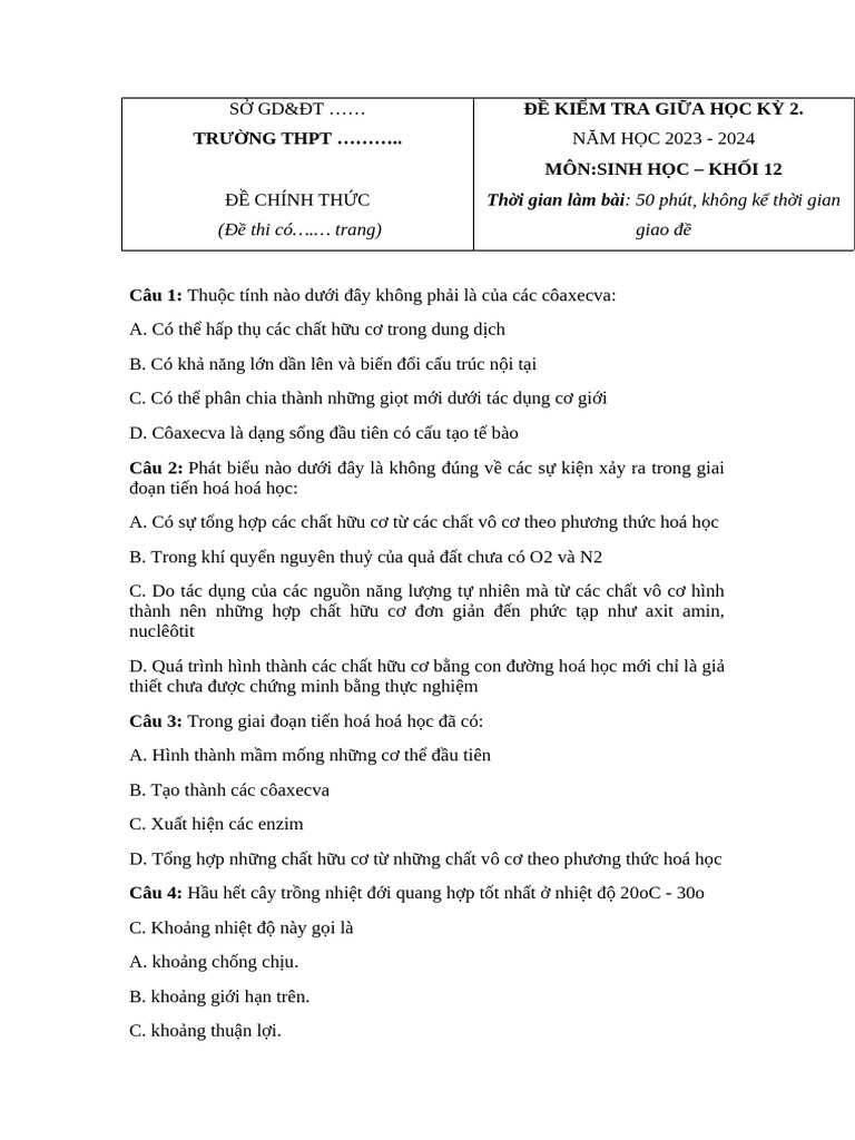 De Thi GK 2 Sinh Hoc 12 de 1 | PDF