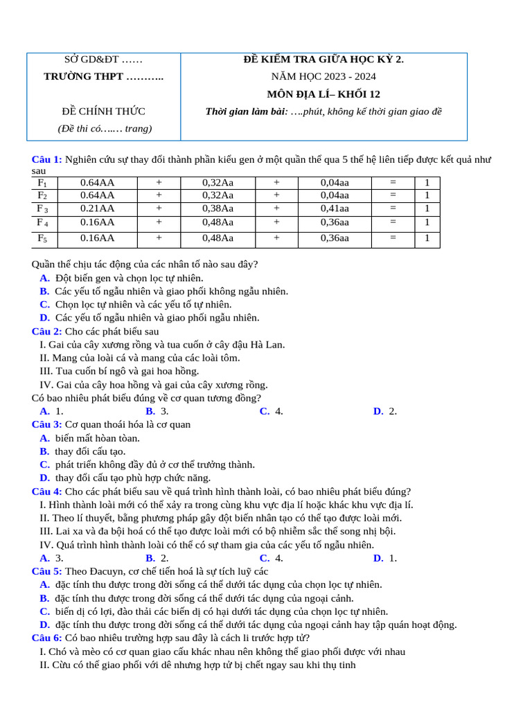 De Thi GK 2 Sinh Hoc 12 de 2 | PDF
