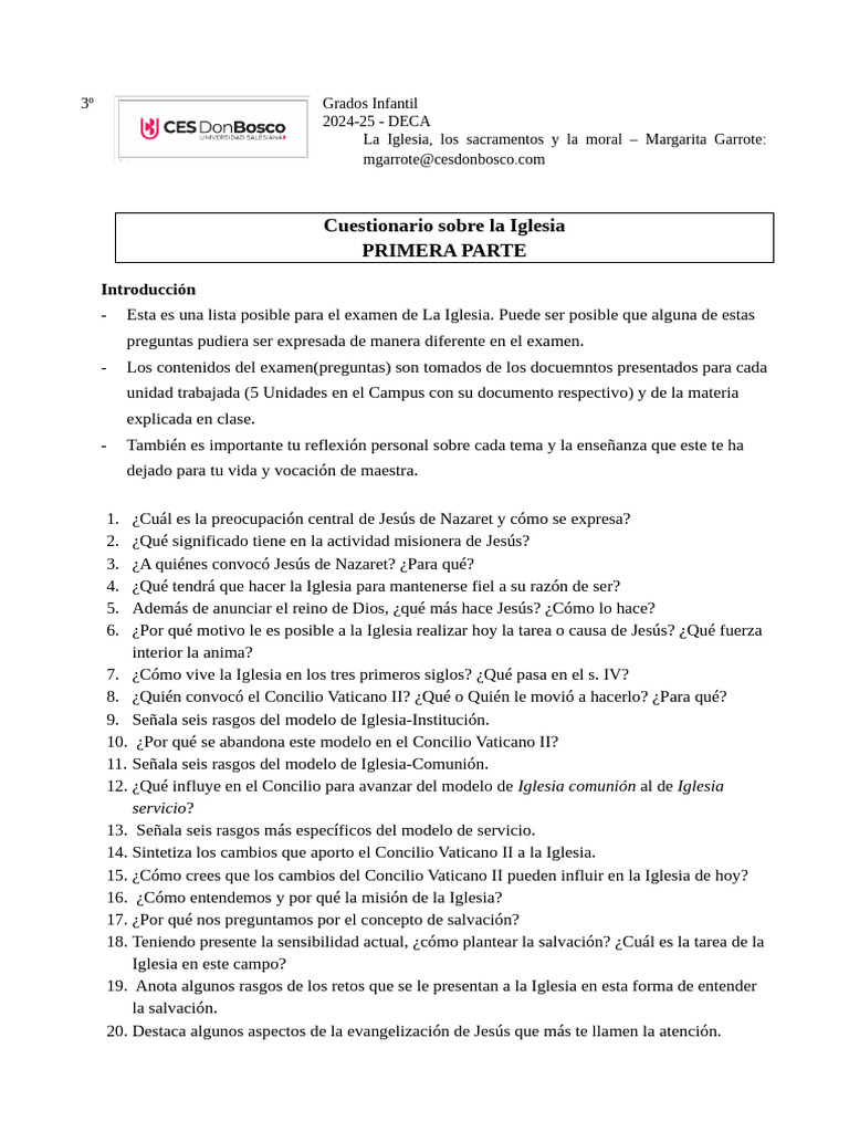 Cuestionario sobre La Iglesia y su Misión | PDF | Iglesia Católica ...