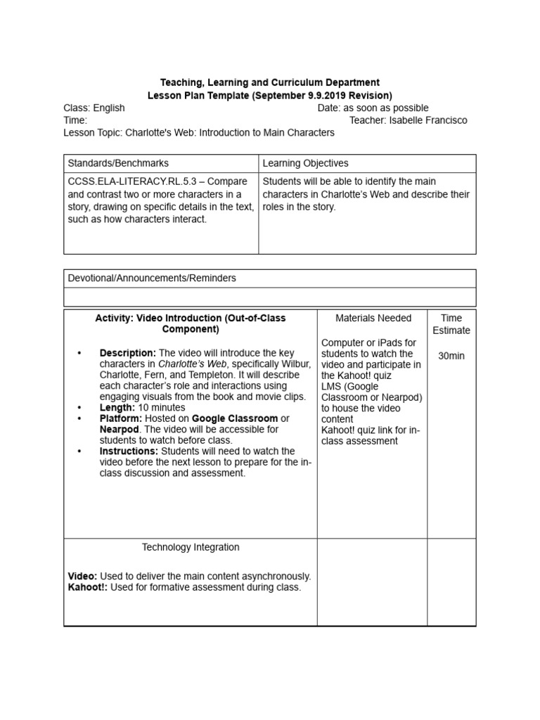 Charlotte's Web Character Lesson Plan | PDF | Lesson Plan | Behavior ...