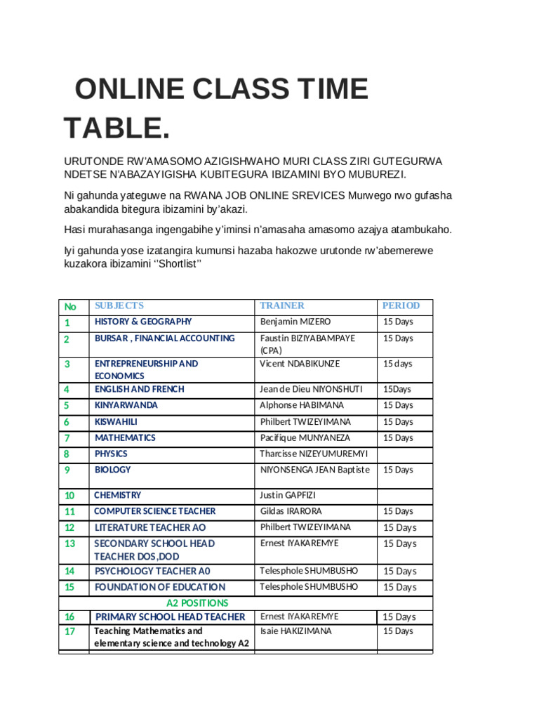 Online class time table pdf