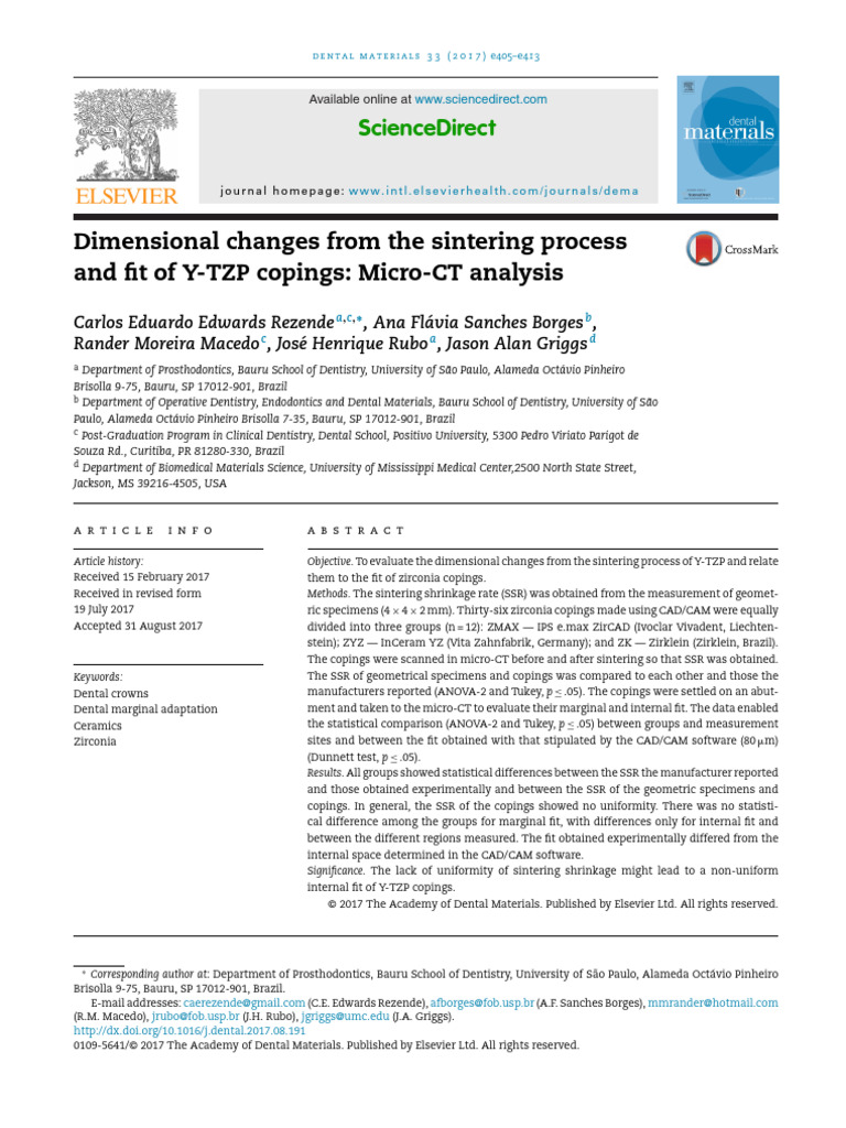 Dimensional Changes From The Sintering Process and Fit of Y-TZP Copings ...