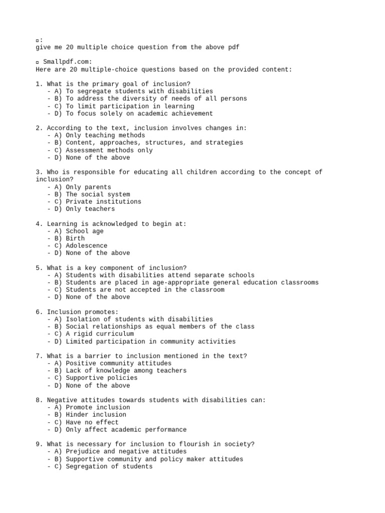 Inclusion: 20 MCQs and Answers | PDF | Inclusion (Education) | Human ...