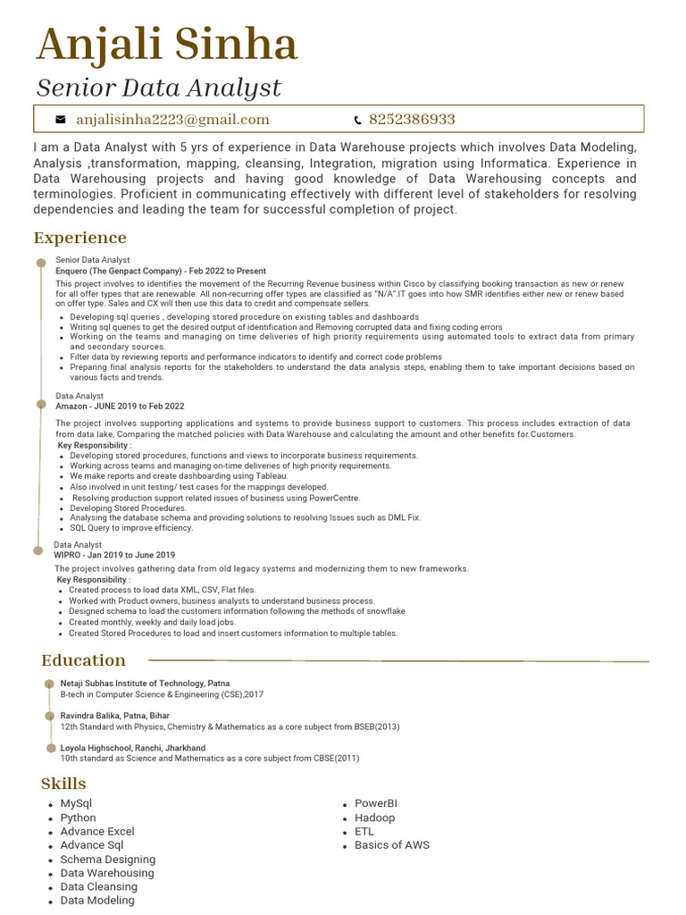 Naukri_Anjalisinha[5y_5m] | PDF | Data Warehouse | Data Analysis