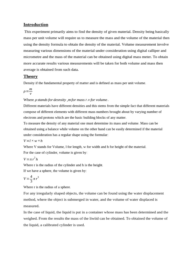 Introduction & Theory | PDF | Density | Volume