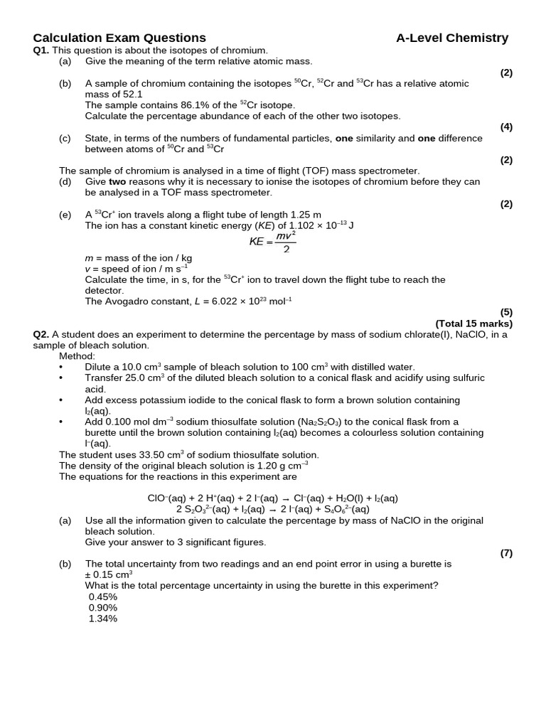 A-Level Chemistry Calculation Questions | PDF | Time Of Flight Mass ...