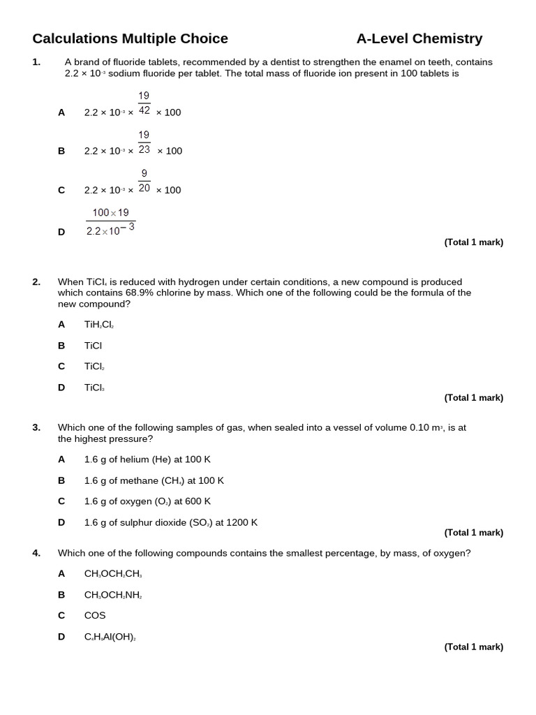 Calculations Multiple Choice | PDF | Hydroxide | Magnesium
