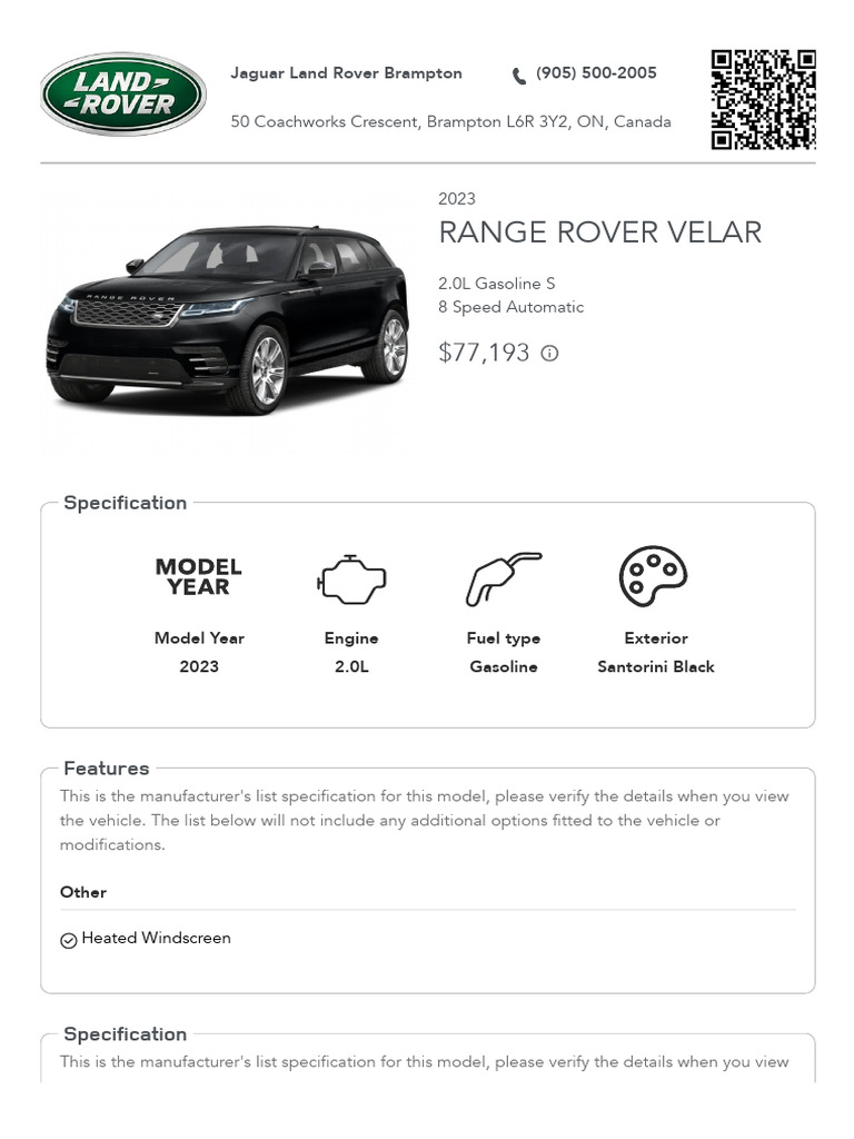 2023 Range Rover Velar Specifications | PDF