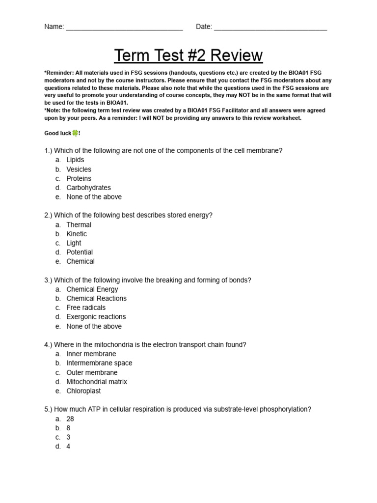 BIOA01+Term+Test+#2+Review 2 | PDF | Cellular Respiration | Adenosine ...
