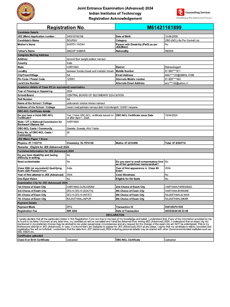 Jee Advance Form 2024 Reciept | PDF