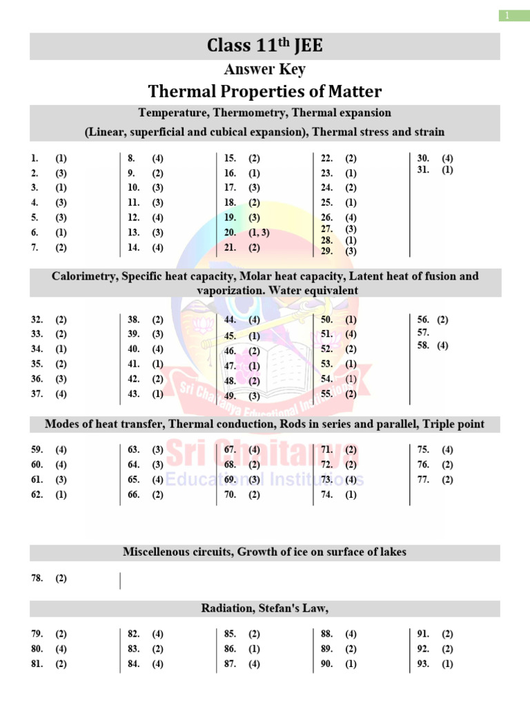 Thermal Properties of Matter Jee 11th Answer Key | PDF | Heat | Latent Heat