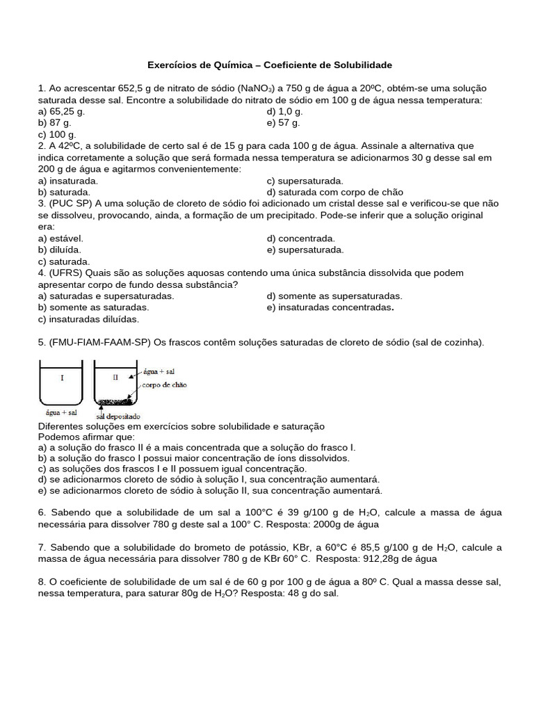 Exercícios sobre Solubilidade de Sais | PDF | Solubilidade | Sal (Química)