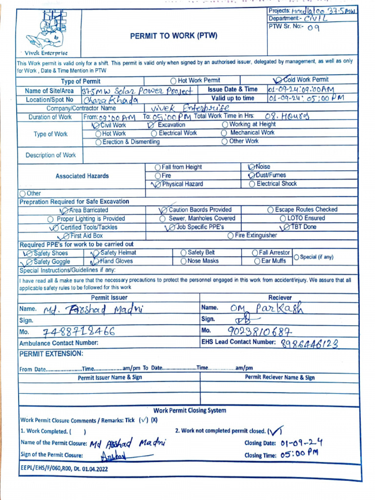 Work Permit Template for Excavation Safety | PDF | Personal Protective ...