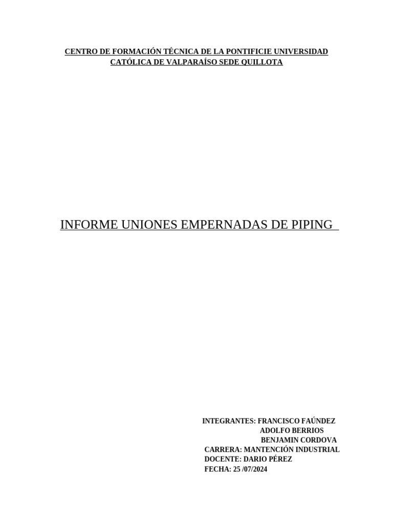 Trabajo Piping 3 Nota | PDF | Tornillo | Ingeniería mecánica