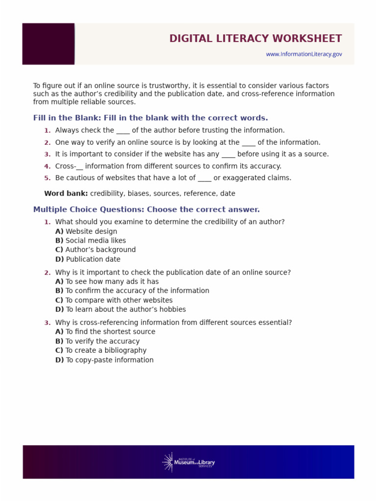 InfoLit Digital Literacy Worksheet PDF Credibility Bias