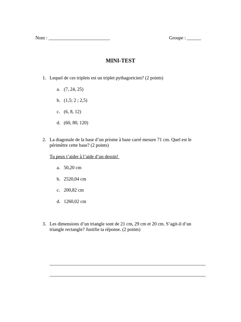 Mini-Test de Mathématiques | PDF