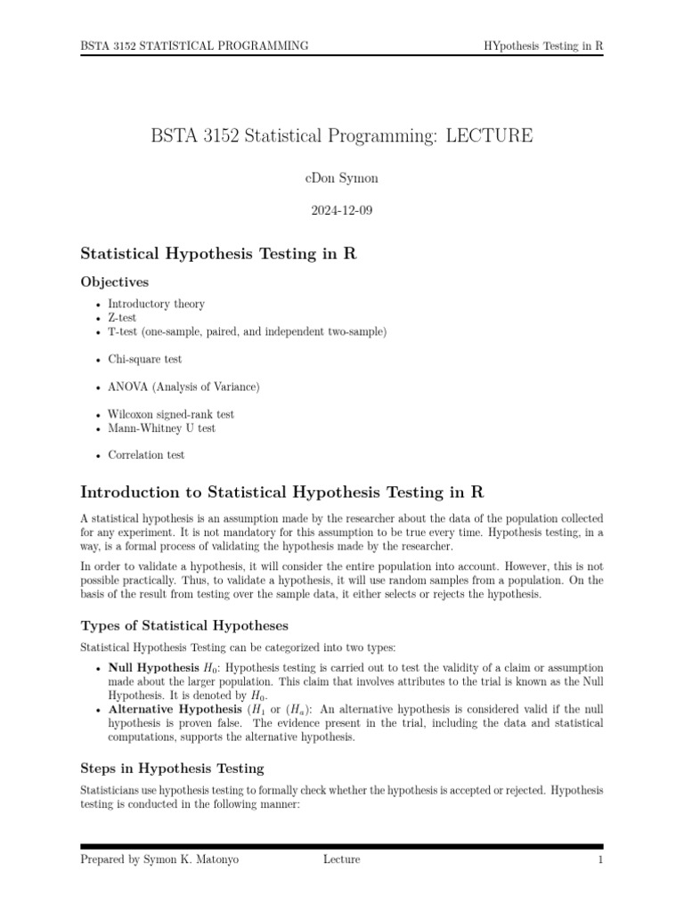 Hypothesis Testing Techniques in R | PDF | P Value | Statistical ...