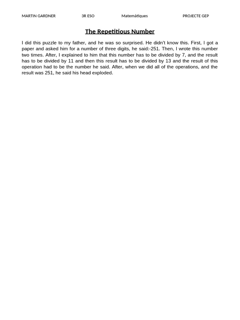 The Repetitious Number Dariya Baranovskaya | PDF