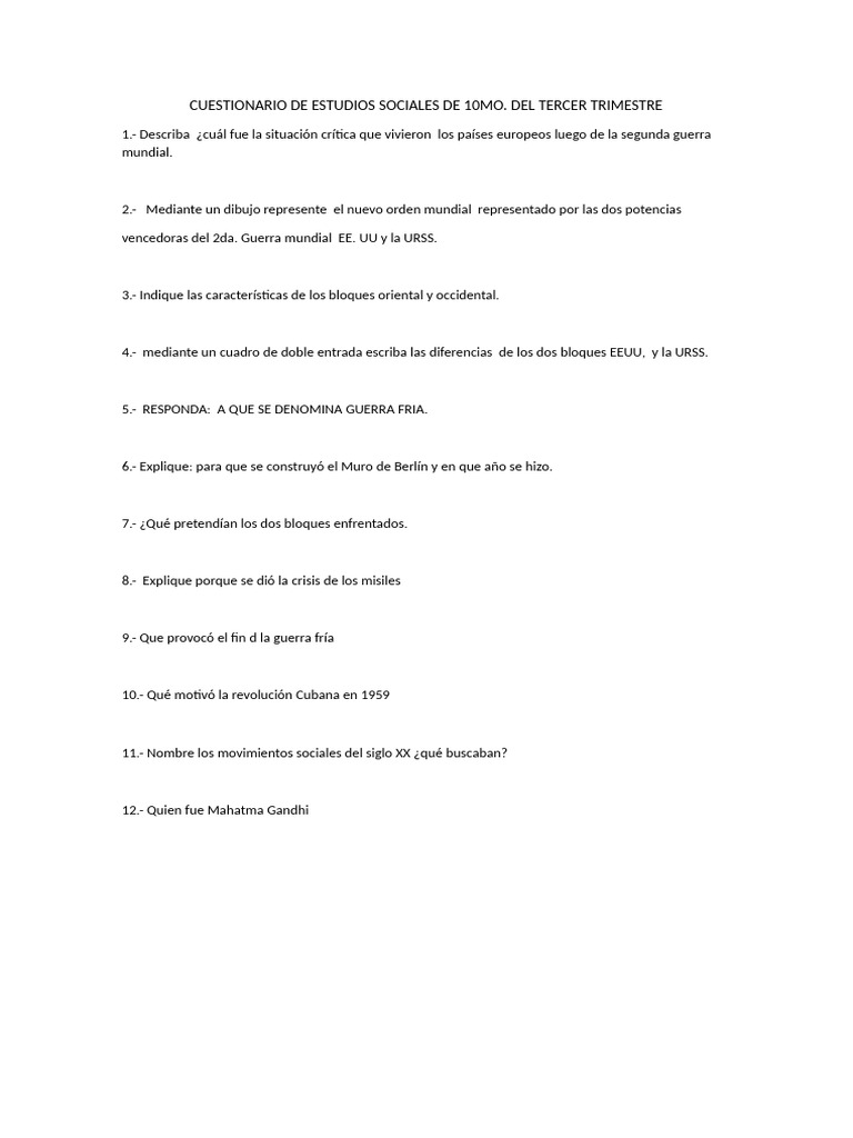 Cuestionario de Estudios Sociales 10mo | PDF