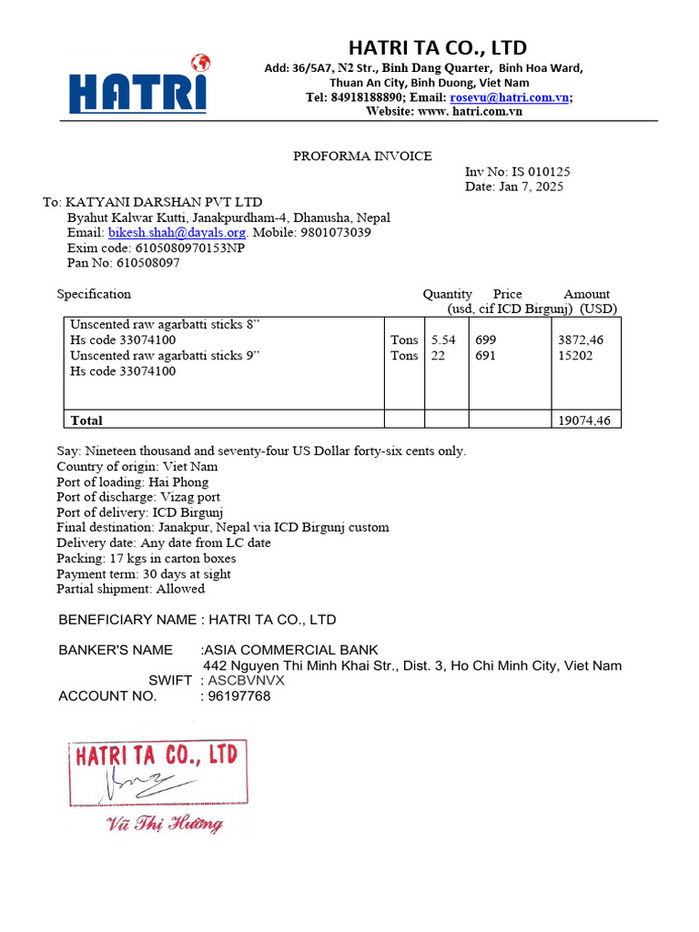 Proforma Invoice for Agarbatti Export | PDF